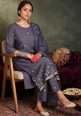 Grey Embroidered Silk Kurta Set