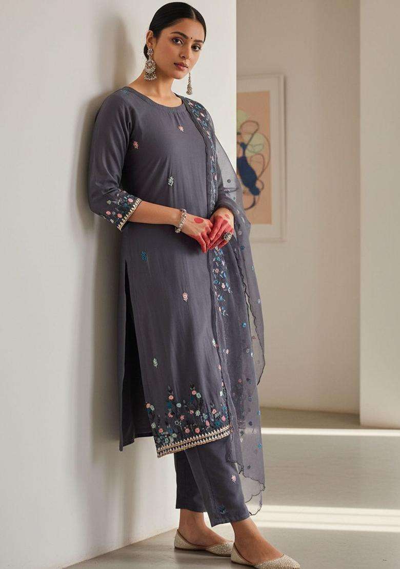 Grey Embroidered Silk Blend Kurta Set - Indya