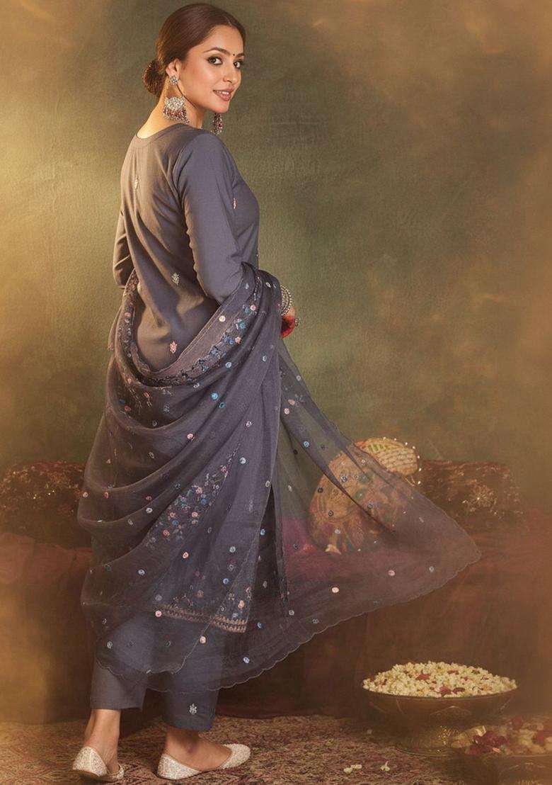 Grey Embroidered Silk Blend Kurta Set - Indya