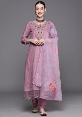Lavender Embroidered Cotton Kurta Set