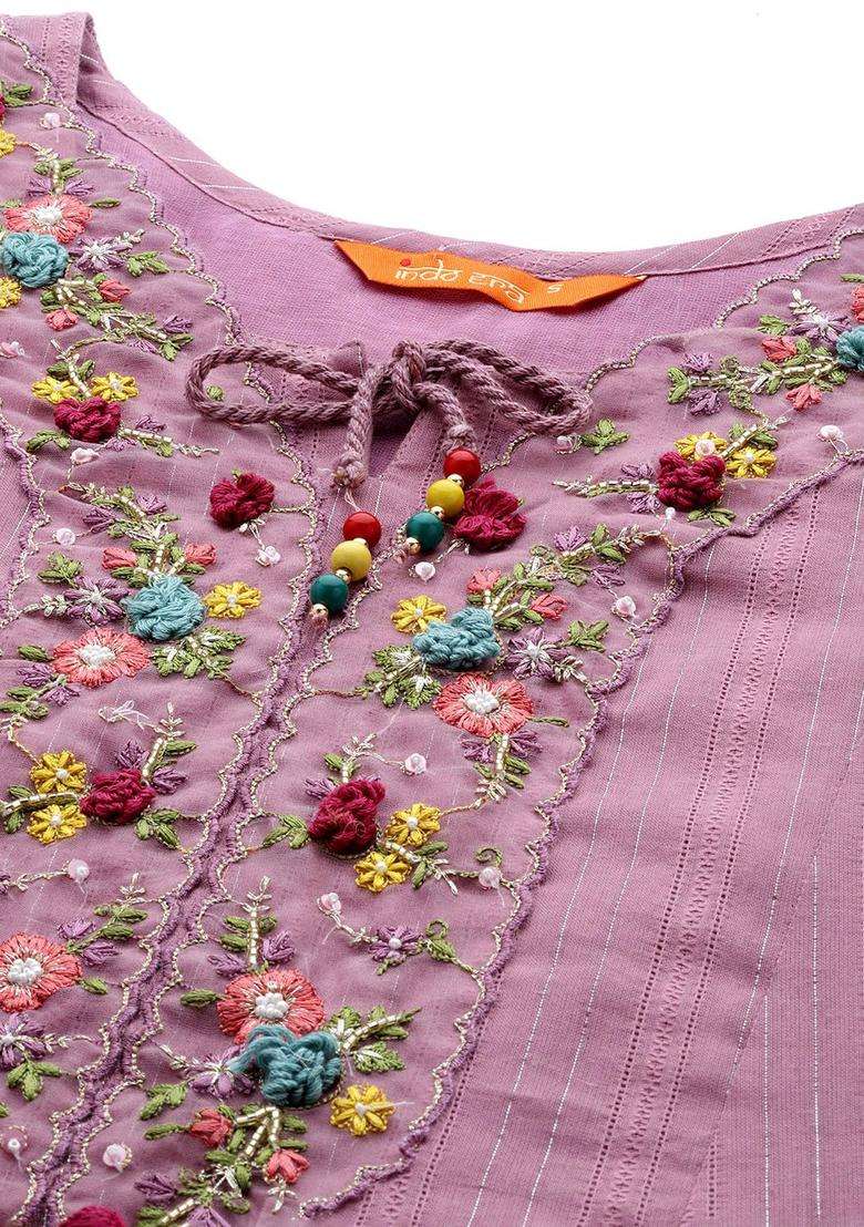 Lavender Embroidered Cotton Kurta Set - Indya