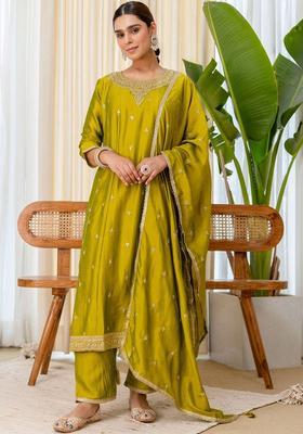 Lime Green Embroidered Silk Kurta Set