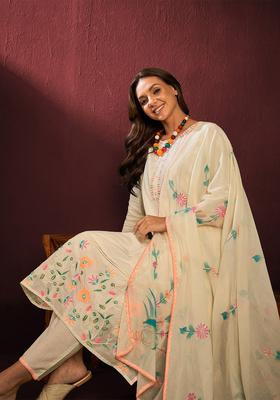 Off White Embroidered Cotton Kurta Set
