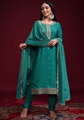 Navy Blue Embroidered Polyester Kurta Set