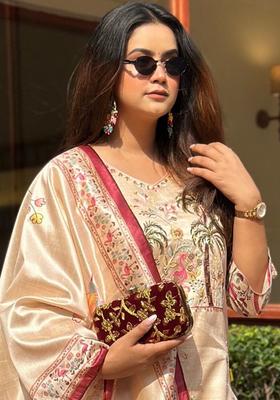 Beige Printed Silk Blend Kurta Set