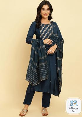 Navy Blue Embroidered Silk Kurta Set