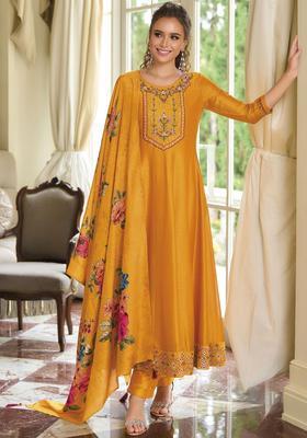 Yellow Embroidered Silk Blend Anarkali Set