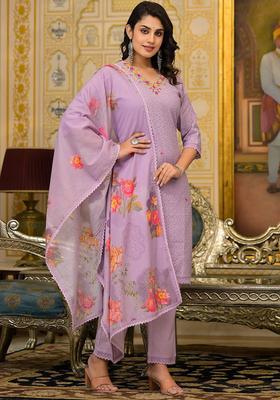 Lavender Embroidered Cotton Kurta Set