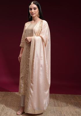 Beige Woven Design Viscose Kurta Set