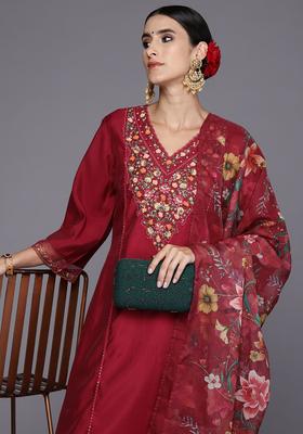 Red Yoke Design Silk Blend Kurta Set