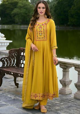 Yellow Embroidered Silk Blend Anarkali Set