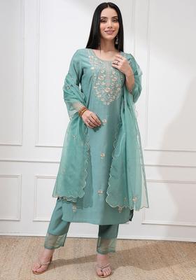 Sea Green Embroidered Polyester Kurta Set