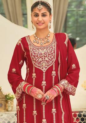 Red Embroidered Chinon Kurta Set