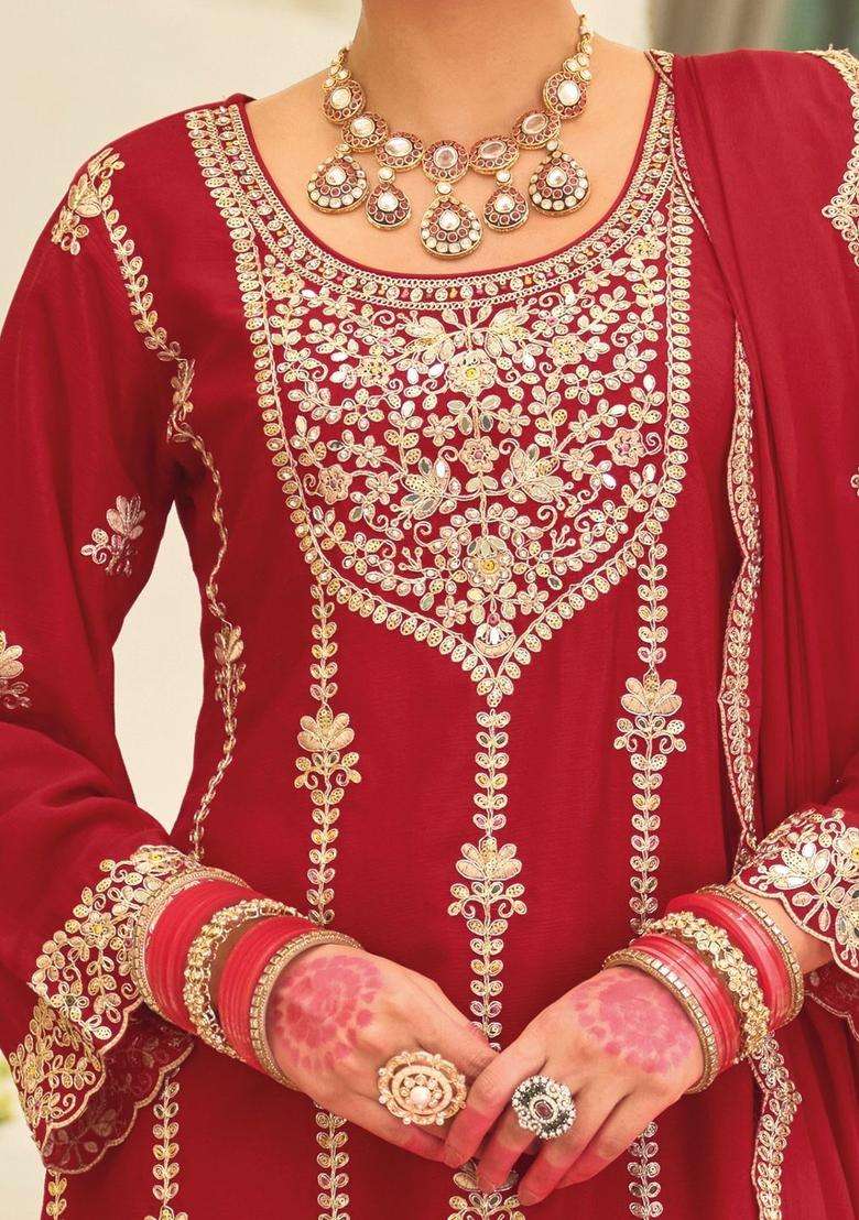 Red Embroidered Chinon Kurta Set - Indya