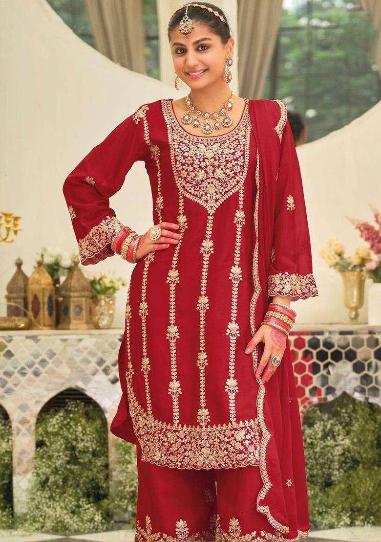 Red Embroidered Chinon Kurta Set - Indya