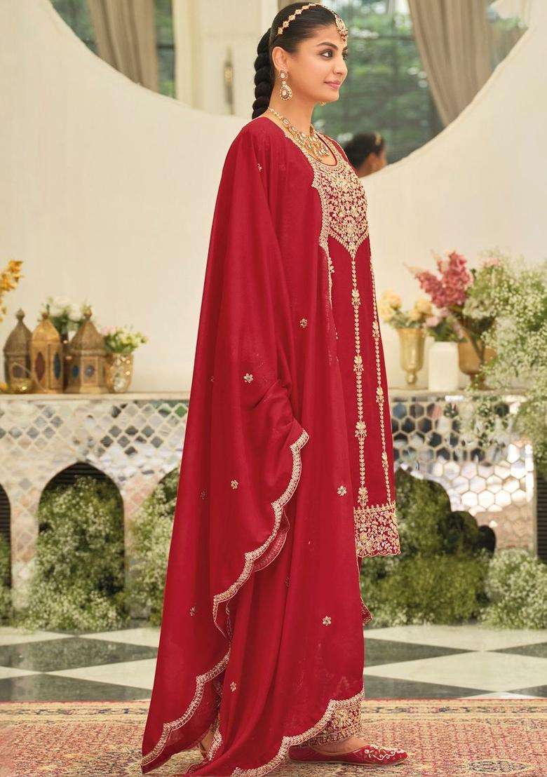 Red Embroidered Chinon Kurta Set - Indya
