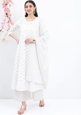 Off White Printed Cotton Kurta Set