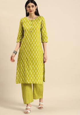 Lime Green Printed Cotton Kurta Set