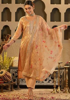 Peach Woven Design Silk Blend Kurta Set