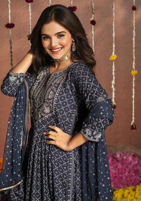 Navy Blue Embroidered Viscose Kurta Set