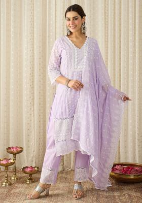 Lavender Embroidered Cotton Kurta Set