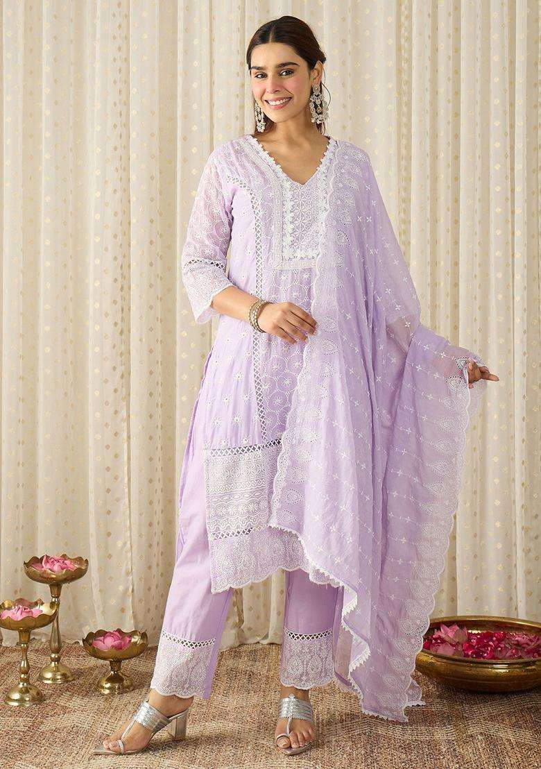 Lavender Embroidered Cotton Kurta Set - Indya