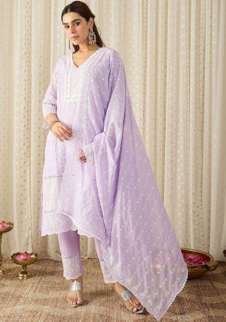 Lavender Embroidered Cotton Kurta Set - Indya