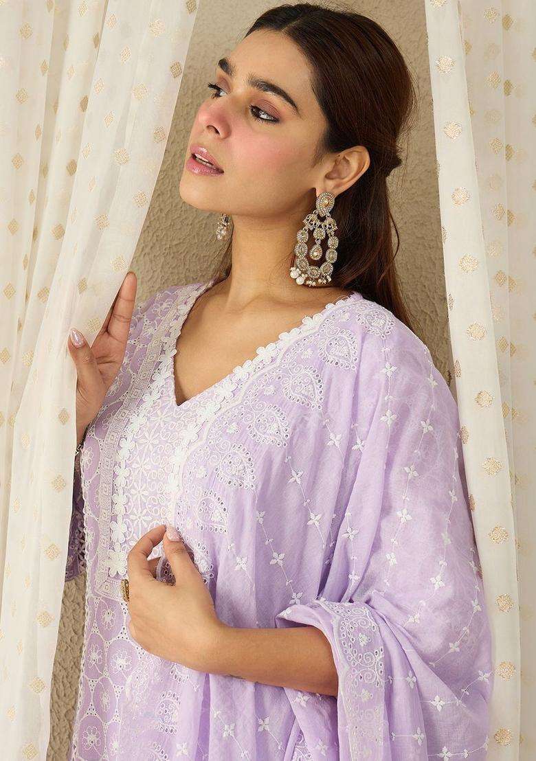 Lavender Embroidered Cotton Kurta Set - Indya