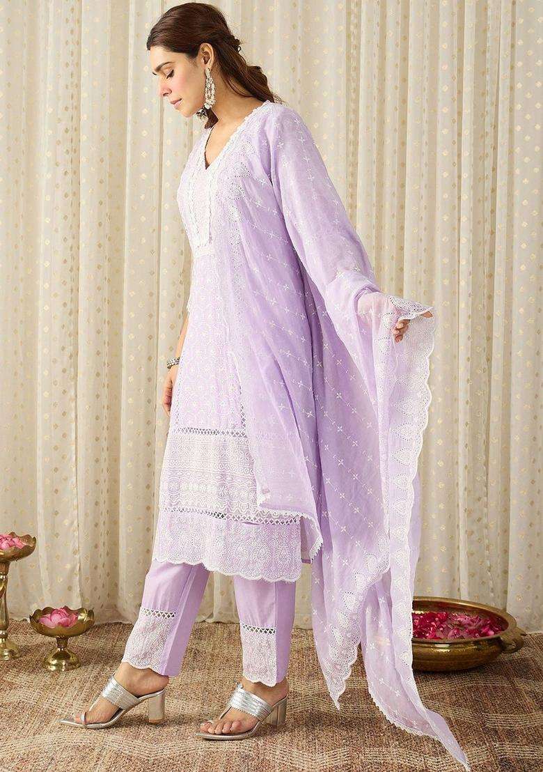 Lavender Embroidered Cotton Kurta Set - Indya