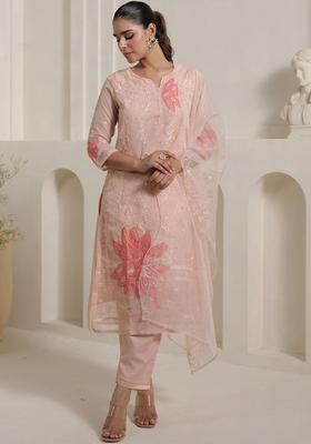 Peach Embroidered Organza Kurta Set