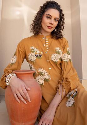 Mustard Embroidered Cotton Kurta Set