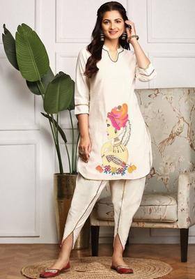 Off White Printed Cotton Kurta Set