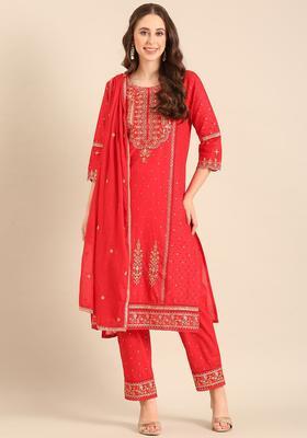 Red Embroidered Cotton Kurta Set