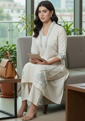 Off White Embroidered Cotton Kurta Set