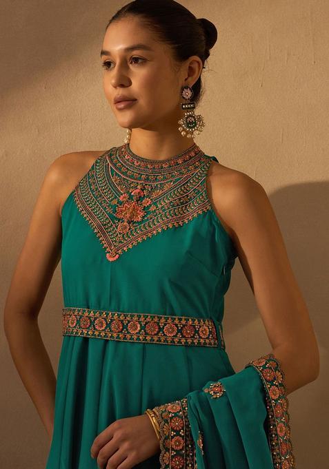 Sea Green Embroidered Polyester Anarkali Set — view on Indya