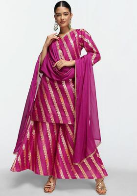 Purple Self Design Silk Kurta Set