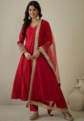 Red Printed Silk Kurta Set