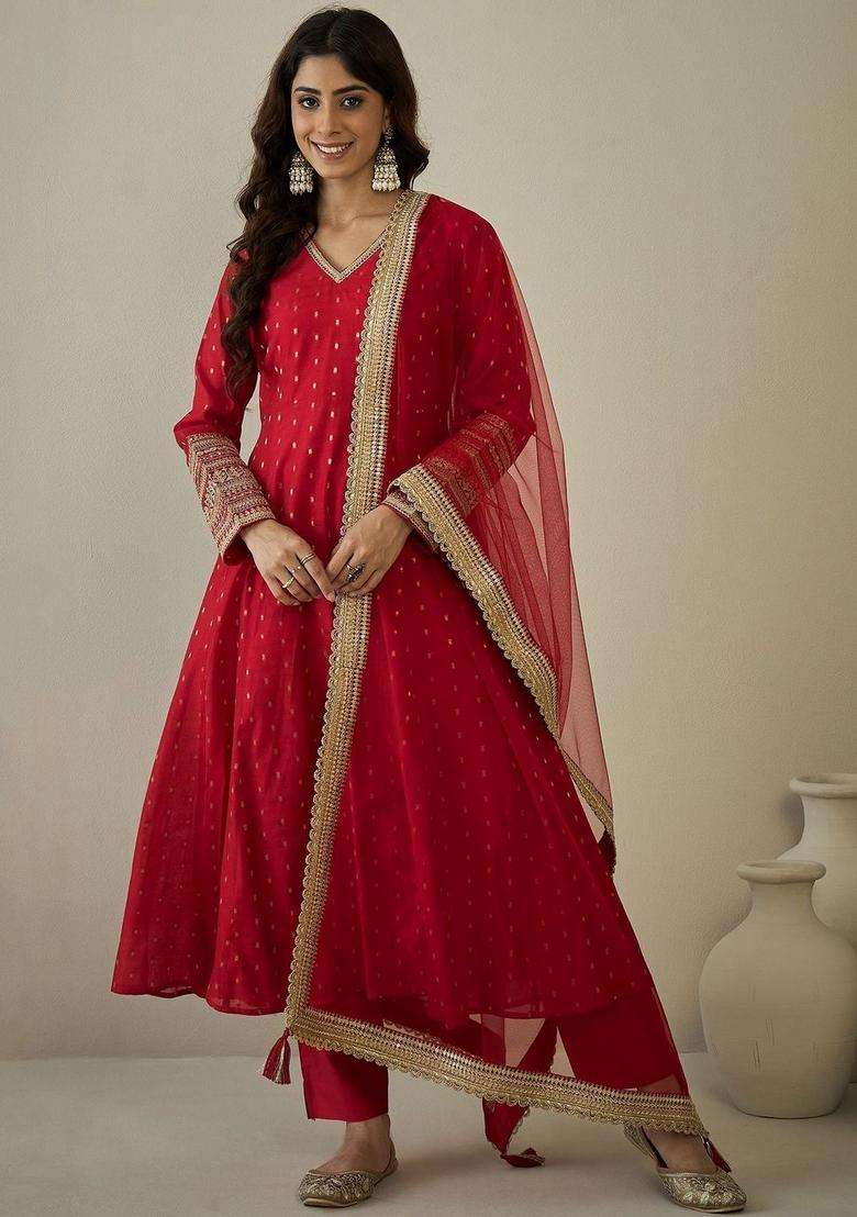 Red Printed Silk Blend Kurta Set - Indya