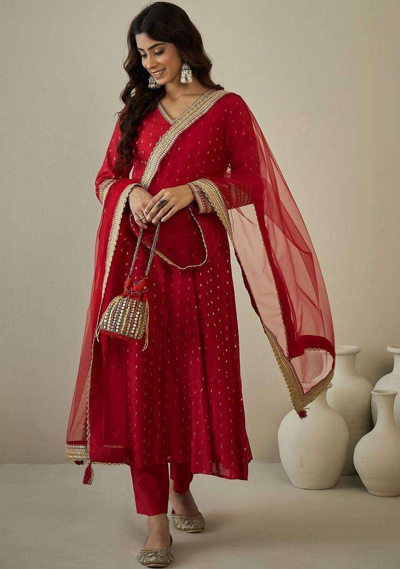 Red Printed Silk Blend Kurta Set - Indya