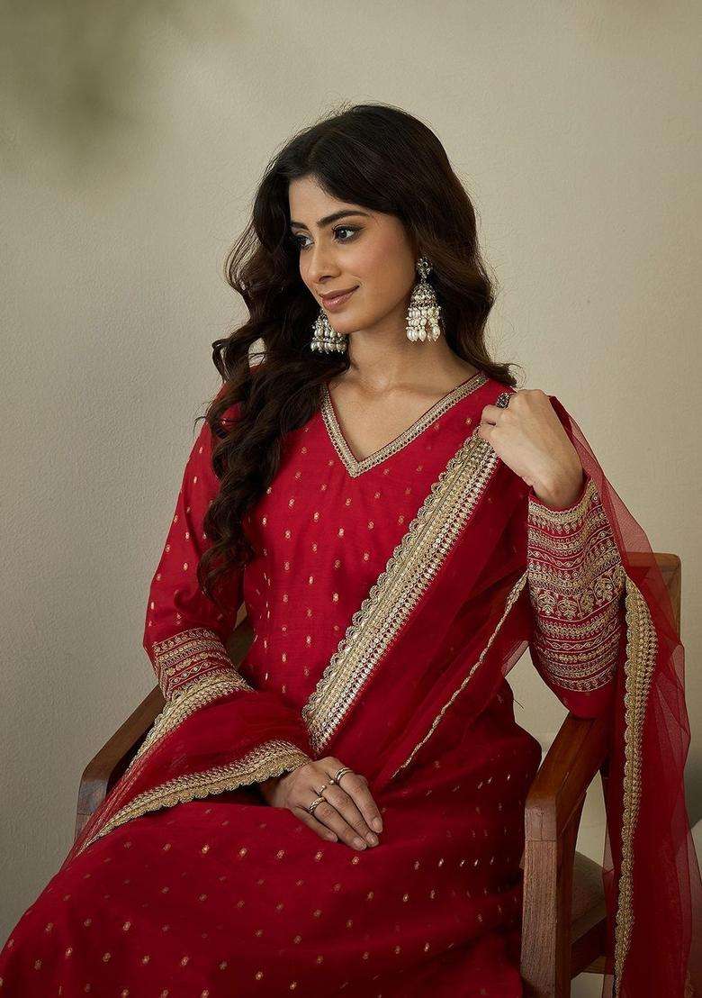 Red Printed Silk Blend Kurta Set - Indya