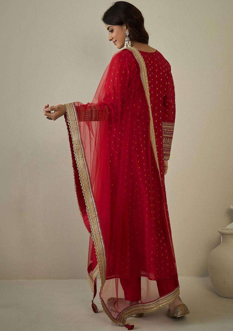 Red Printed Silk Blend Kurta Set - Indya