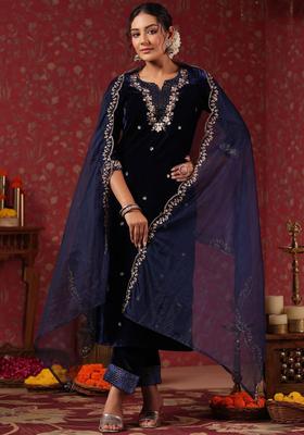 Navy Blue Embroidered Velvet Kurta Set