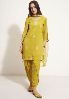 Yellow Embroidered Polyester Kurta Set