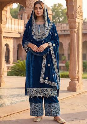 Navy Blue Embroidered Velvet Kurta Set