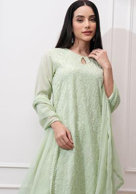 Green Embroidered Polyester Kurta Set