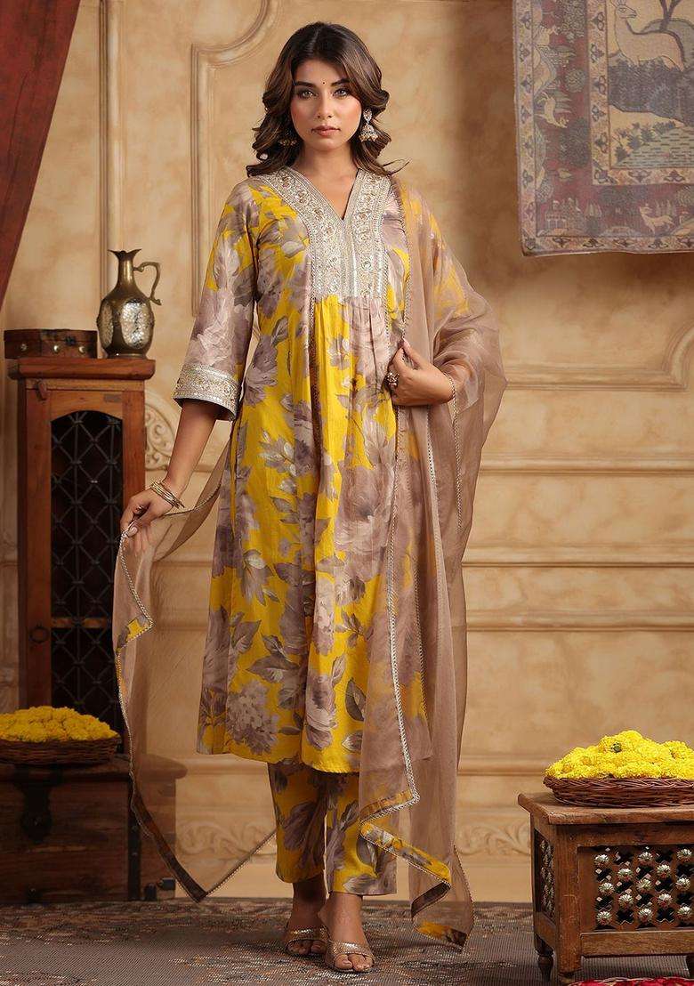 Mustard Printed Cotton Anarkali Set - Indya