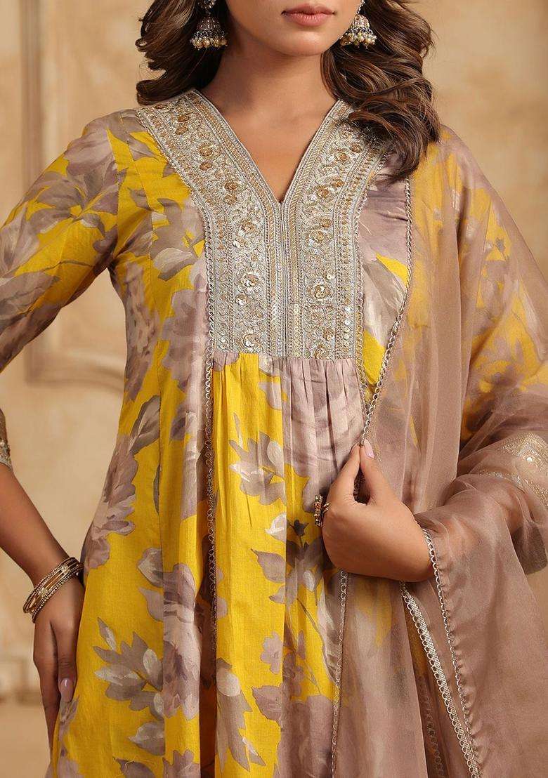 Mustard Printed Cotton Anarkali Set - Indya