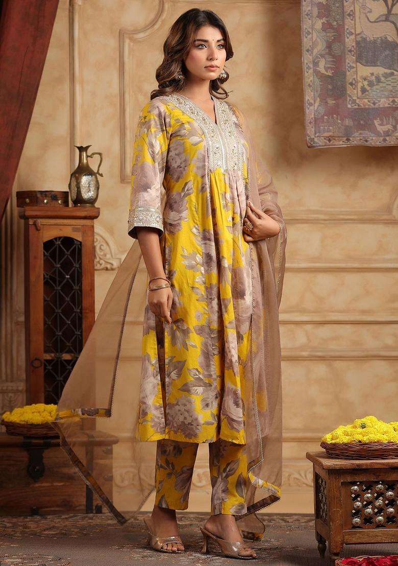 Mustard Printed Cotton Anarkali Set - Indya