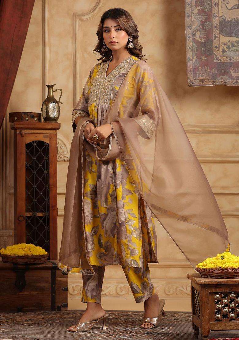 Mustard Printed Cotton Anarkali Set - Indya