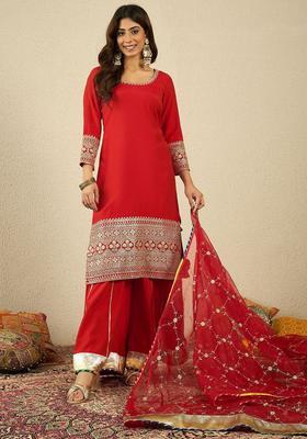 Red Embroidered Viscose Kurta Set